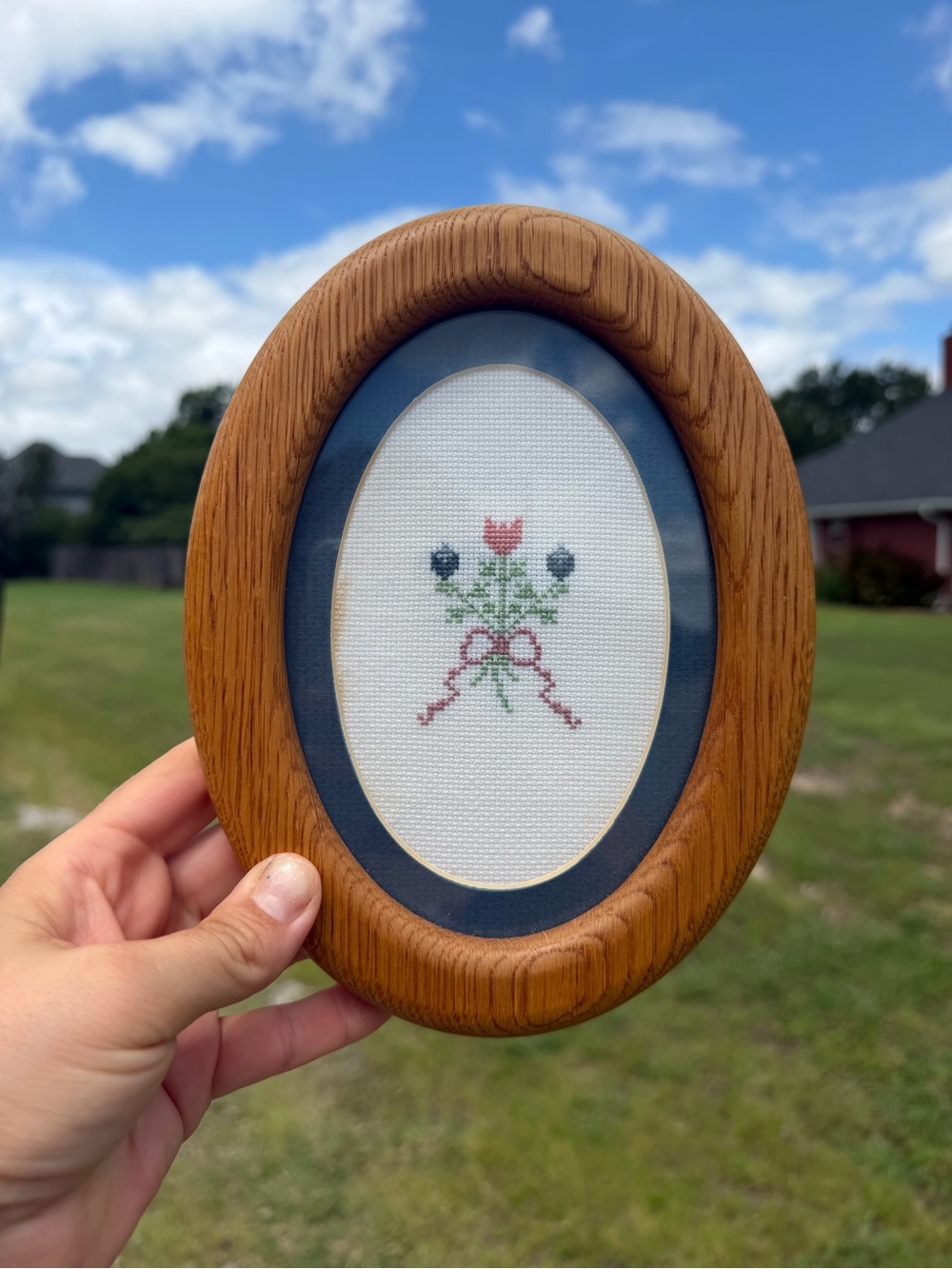 Oval Wooden Framed Cross Stitch Floral Art - Pink & Blue